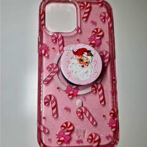 Pink iPhone 12 Pro Max Candy Cane Phone Case, pop socket + cable!